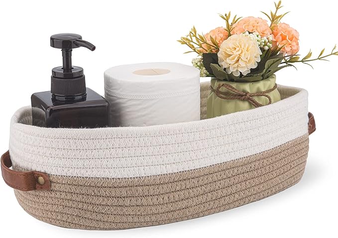 Oradrem Cotton Rope Bathroom Decor Basket,Toilet Paper Holder Basket,Farmhouse Home Decor Organizing Baskets 13"x5.9"x4" Brown Stitching White