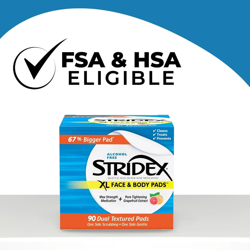 Stridex XL Face Body Pads, Exfoliating Salicylic Acid Acne Treatment, 90 Ct