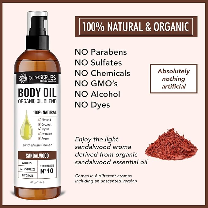 pureSCRUBS Ultra Moisturizing Sandalwood Body Oil for Dry Skin, 4oz