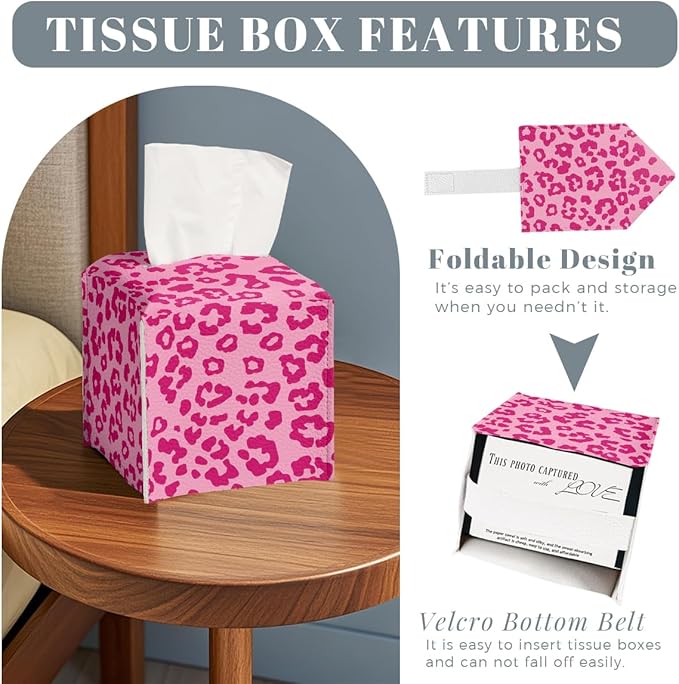Leopard Print Tissue Box Cover Cute Animal Pink Square PU Leather Waterproof Tissue Box Holder for Car Bathroom Bedroom Office Tabletop Decor