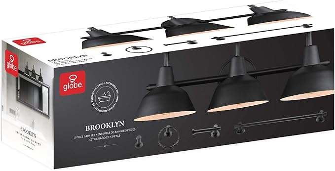 Globe Electric 51710 5-Piece Bathroom Accessory Set with 24-inch 3-Light Vanity Fixture, Matte Black Finish, Industrial Design, E26 Base, Towel Bar, Towel Ring, Robe Hook, Toilet Paper Holder