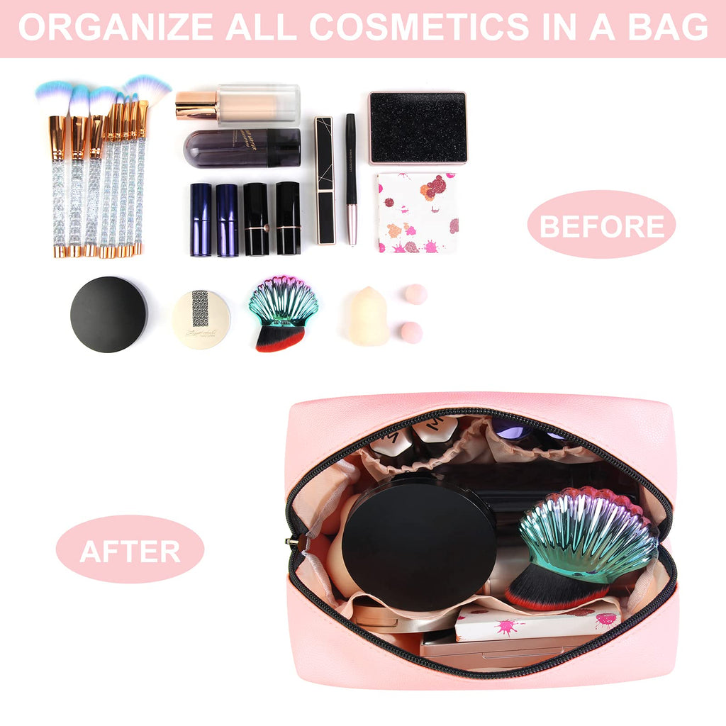 MAANGE 2 Pcs Small Makeup Bag For Purse, Travel Cosmetic Bag Makeup Pouch PU Leather Portable Versatile Zipper Pouch For Women (Pink+Blue)