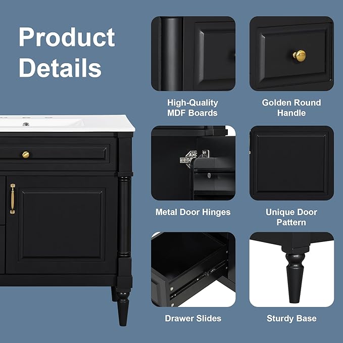 Harper & Bright Designs 36" Bathroom Vanity with Sink, Free Standing Bathroom Vanity Set with Flip Drawer, 2 Drawers, and Adjustable Shelf, Wood Storage Cabinet with Ceramic Basin for Bathroom, Black