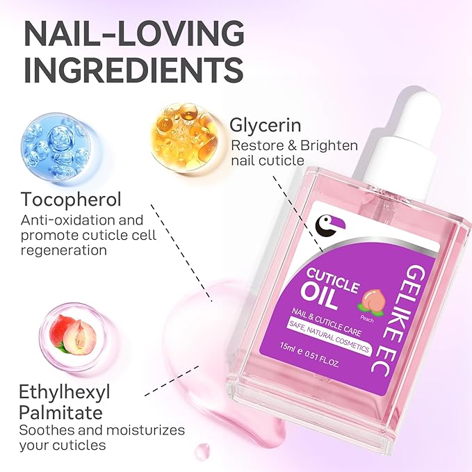 Gelike EC Nail Cuticle Oil - Peach Scent Organic Nail Moisturizing With Natural Jojoba Vitamin B & E for Nail Bed ＆ Damaged Nails Repair Treatment- Cuticle Cream for Nail Growth and Strength(15ml)