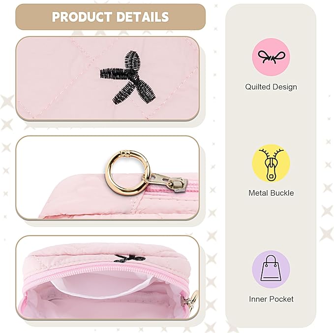 Playexen Period Bag for Teen Girls, Quilted Sanitary Napkin Storage Bag, Cute Bow Tie Menstrual Pad Pouch Tampon Holder (Pink)