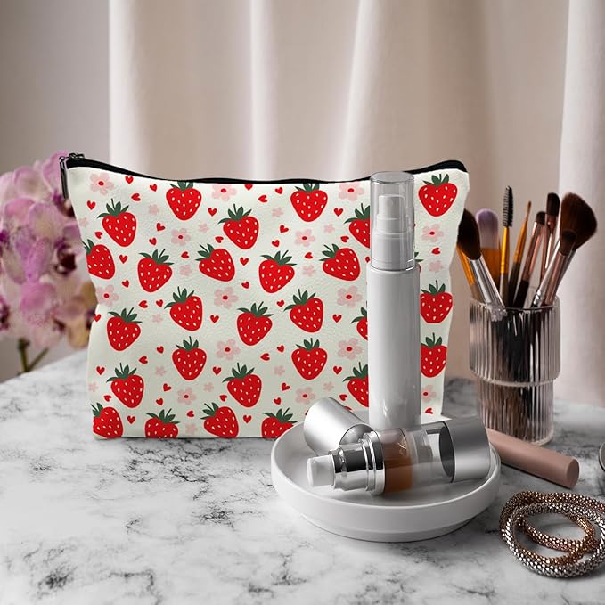 Supwhd Red Strawberry Makeup Bag, Cute Strawberry Stuff, Small Makeup Bag for Purse (PU)