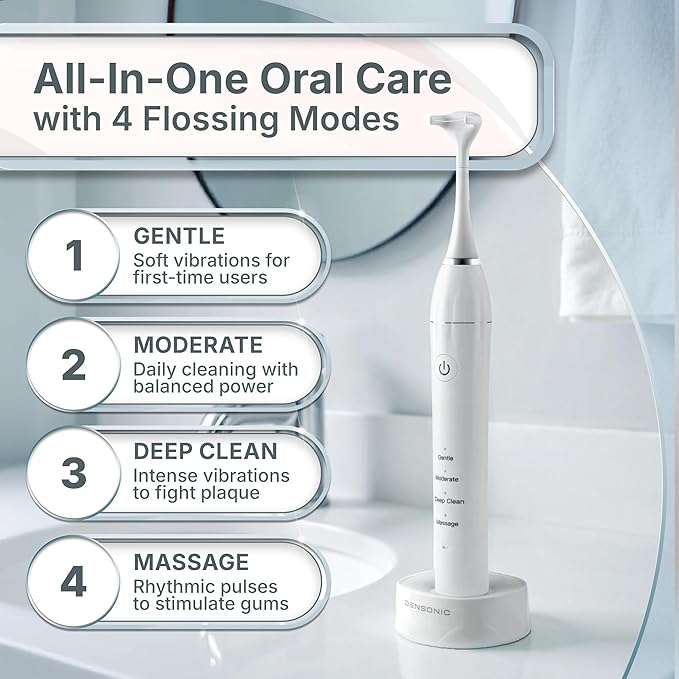 DENSONIC Electric Flosser Kit with Tongue Scraper | No Water, No Mess | Easy Gliding Dental Floss for Gentle Gum Care | Cordless Sonic Power | 50 Replaceable Heads [Glacier White]
