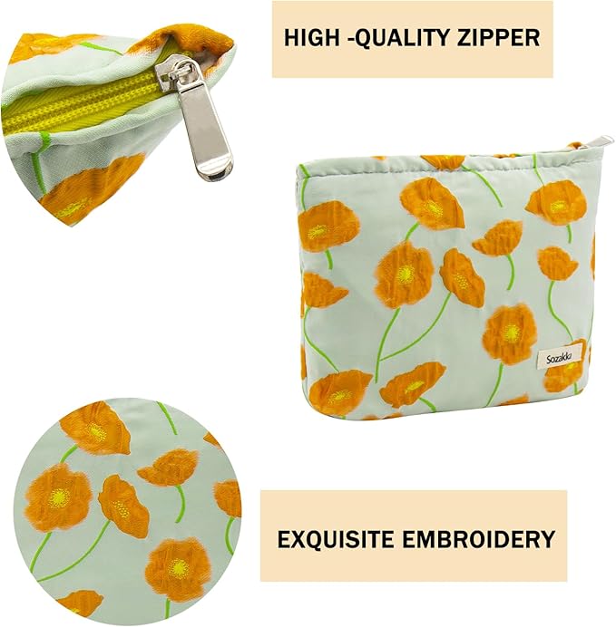 getgto 2 Pcs Makeup Bags, Large Cosmetic Bag Travel Toiletry Bag Organizer for Women, Embroidery Craft, Floral Makeup Bag Small Cosmetic Pouch Purse with Zipper Gifts for Girls Teen