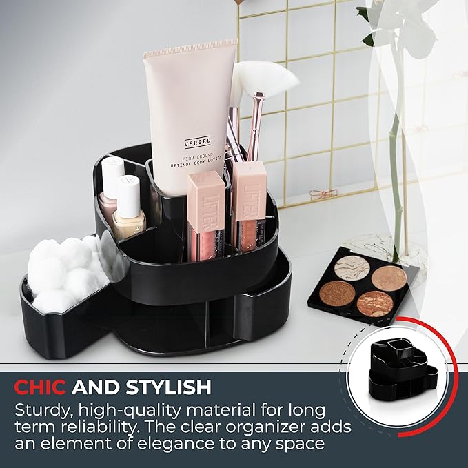 Masirs 360° Rotating Makeup Organizer for Vanity – Small Acrylic Cosmetic Storage Caddy with 5 Compartments, Mini Lazy Susan Turntable for Bathroom Counter, Skincare, Perfume, Brushes, Black