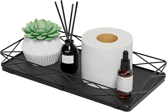 Toilet Paper Basket Holder, 13" Toilet Tank Tray, Wood and Metal Toilet Tray Vanity Organizer Bathroom Tray, Kitchen Sink Organizer for Soap Dispenser (Black)