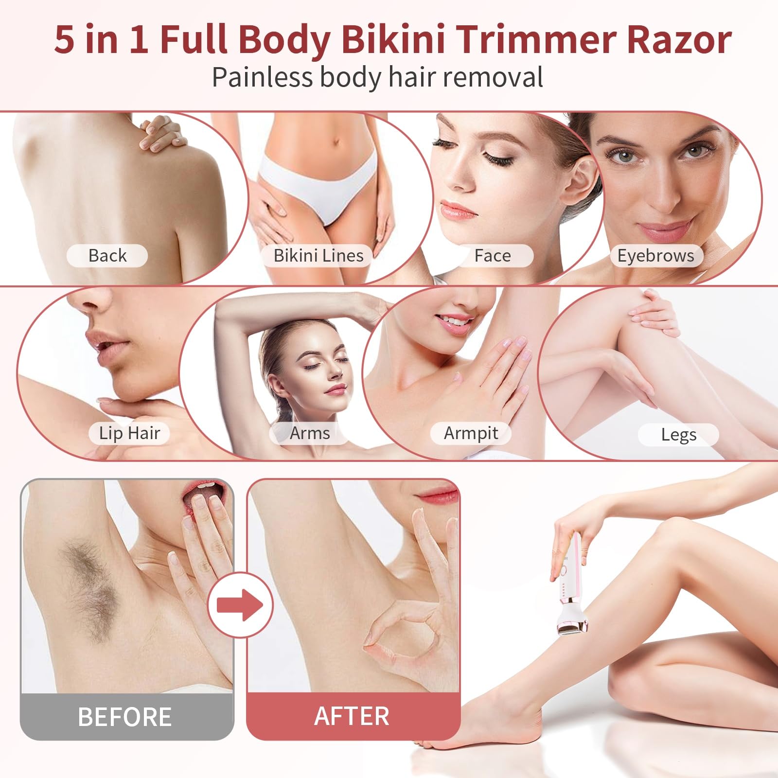 Electric Razors Shaver for Women - 5 in 1 Womens Electric Razor Bikini Trimmer for Women and Wet/Dry and Rechargeable Lady Shaver Razors for Nose Hair Face Eyebrow Arms Legs Armpit Pubic Area