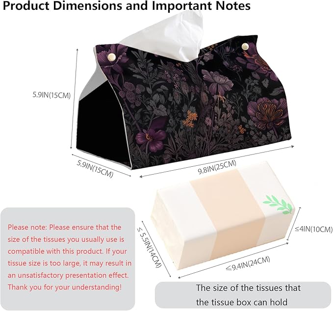Black Floral Leather Tissue Box Cover Rectangle,Spring Flower Toilet Paper Box Holder,Cottagecore Decorative Facial Paper Case for Farmhouse Living Room Bathroom Kitchen Office,9.8x5.9x5.9