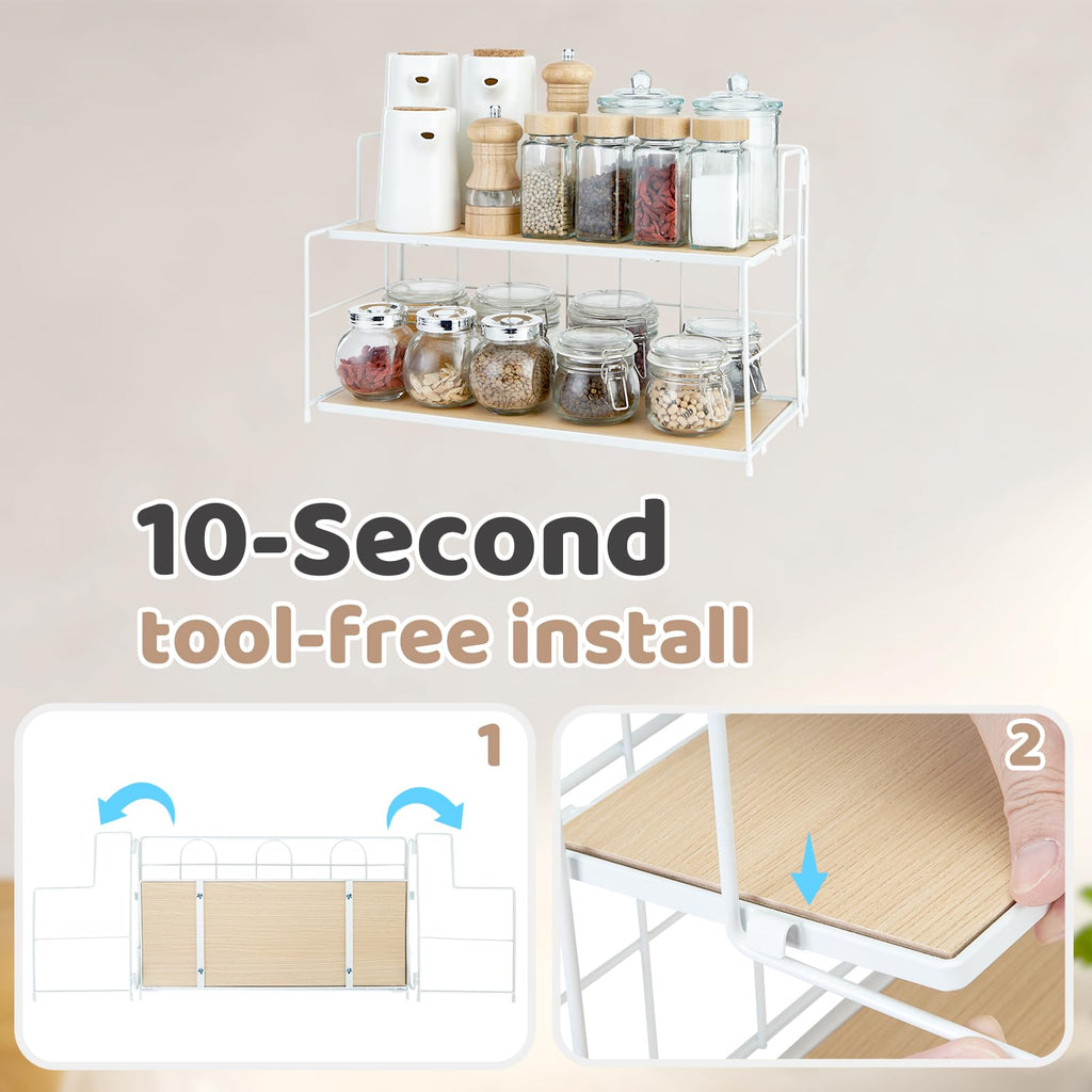 Edergoo Bathroom Counter Organizer 10s Tool-Free Install, 2 Tier Bathroom Organizers and Storage, Collapsible Bathroom Organizer Countertop, Wood Bathroom Kitchen Countertop Organizer, White