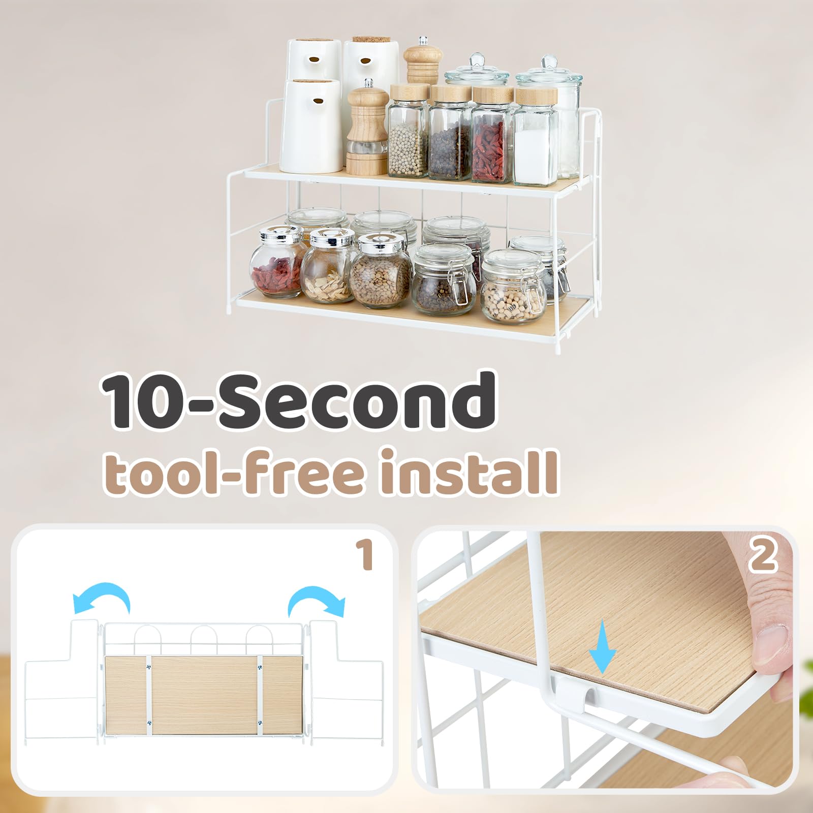 Edergoo Bathroom Counter Organizer 10s Tool-Free Install, 2 Tier Bathroom Organizers and Storage, Collapsible Bathroom Organizer Countertop, Wood Bathroom Kitchen Countertop Organizer, White