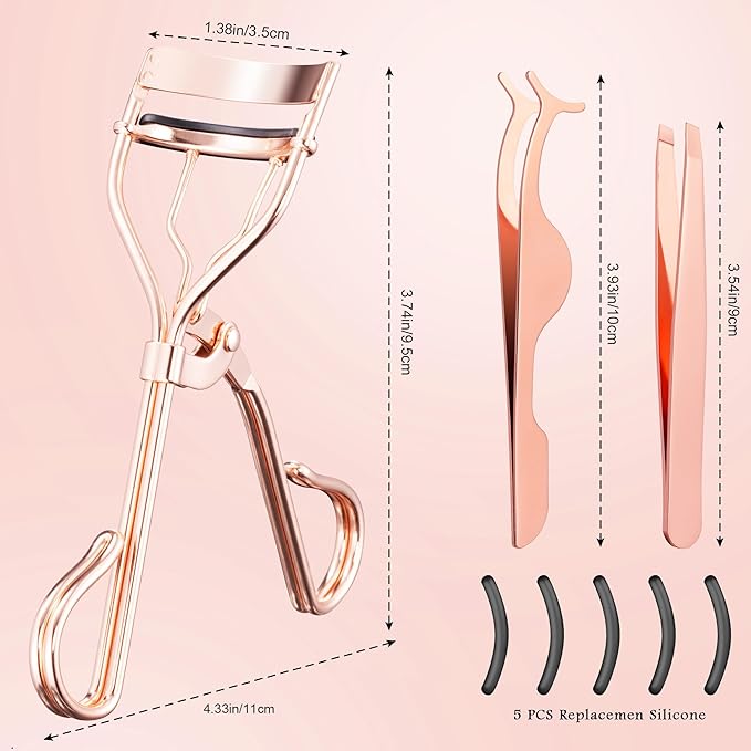 Eyelash Curler Tool - 3-in-1 Professional Eyelash Curler Lash Lift Kit Lash Curler, Professional Kit,Eyelash Extension Tweezers - Includes Replacement Pad for Home & Travel Uses,Rose Gold