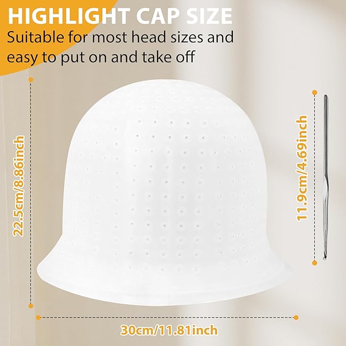 Silicone Highlighting Hair Cap, Reusable Highlight Hat with Hook, Hairdressing Dyeing Staining Tools Kit