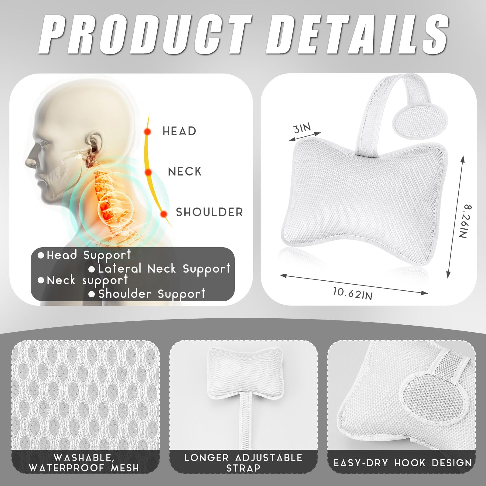 2 Pcs Hot Tub Spa Pillows for Outdoor Indoor Inflatable Bathtub 10.62 x 8.26 Inch Universal Hot Tub Accessories Patio Lounge Chair Headrest Neck Support with Adjustable Hook for Spa Bathtub (White)