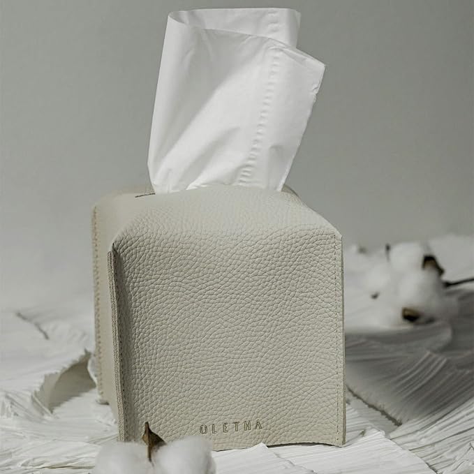 OLETHA Square Tissue Box Cover - Aesthetic Desk Decor for Room, Home & Office - Tissues Cube Boxes Holder - Light Taupe, Set of 2