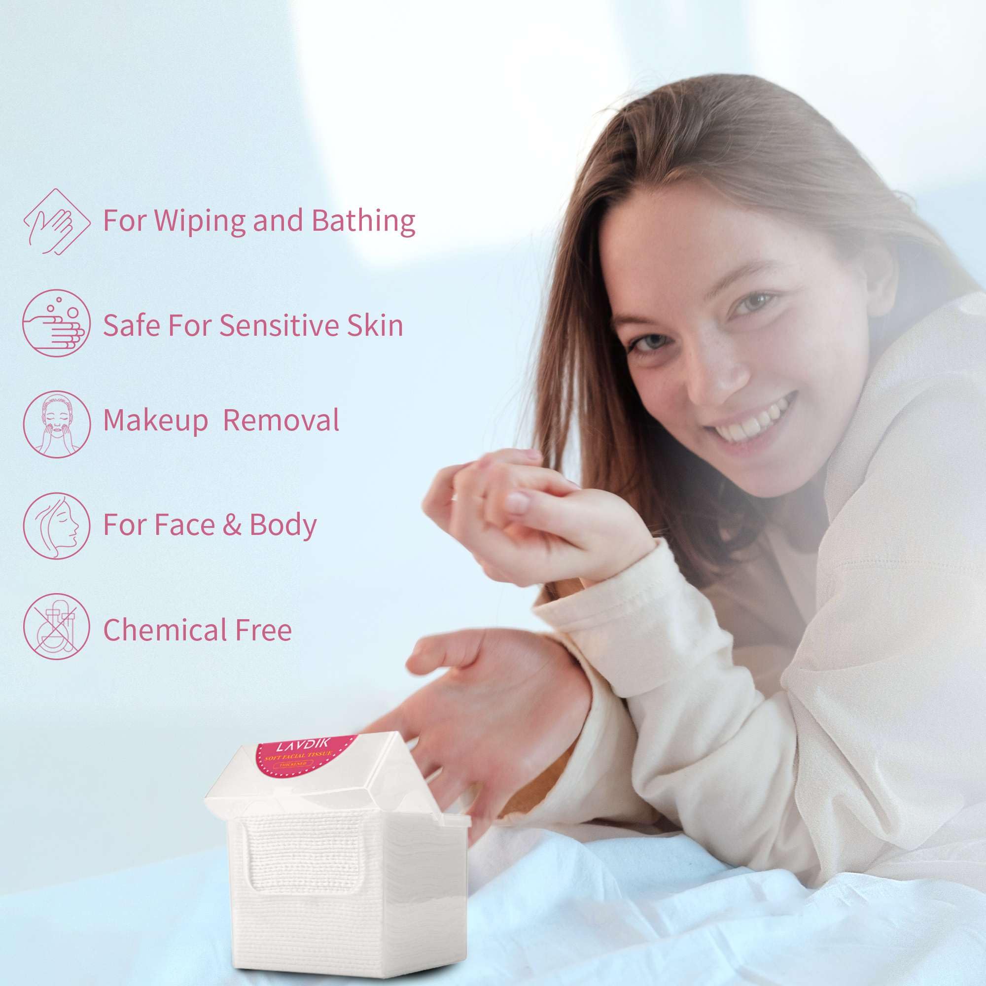 LAVDIK Disposable Face Towels, Extra Thick, 40 Count, Natural, Skin Cleansing Wipes