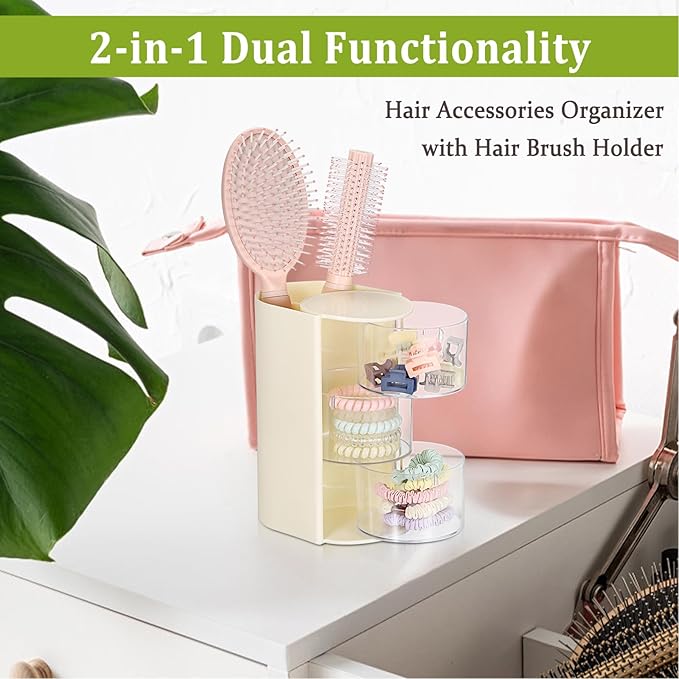 GUSHBIN Plastic Hair Accessories Organizer with Hair Brush Holder Spinning Makeup Storage Container for Vanity Bathroom Countertop, 3-Layer Yellow