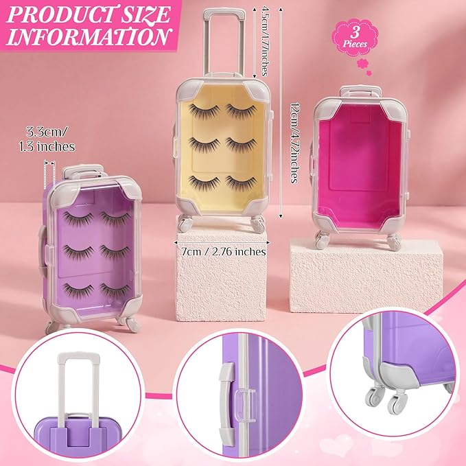 Honeydak 3 Pcs Mini Plastic Suitcase False Eyelashes Tray Luggage Trolley Candy Box Clear Suitcase Packaging Party Box for Jewelry Cosmetic Hairpins Storage (Bright Color,4.7 x 2.8 x 1.3 Inch)