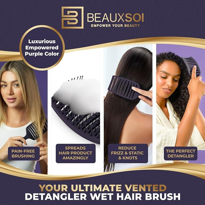 BEAUXSOI Vented Brush for Blow Drying, Shower & Thick, Coily or Straight Hair | Detangling Brush with Curved Vents & Wide Frame (Empowered Purple)