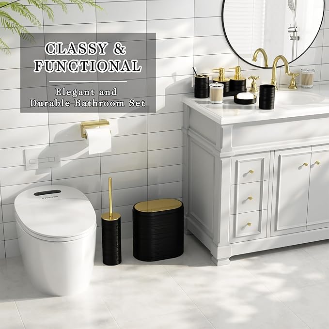 InnJoey Bathroom Set, 10PC Bathroom Accessory Set, Black Bathroom Accessories, Black and Gold Bathroom Set with Trash Can, Soap Dispensers