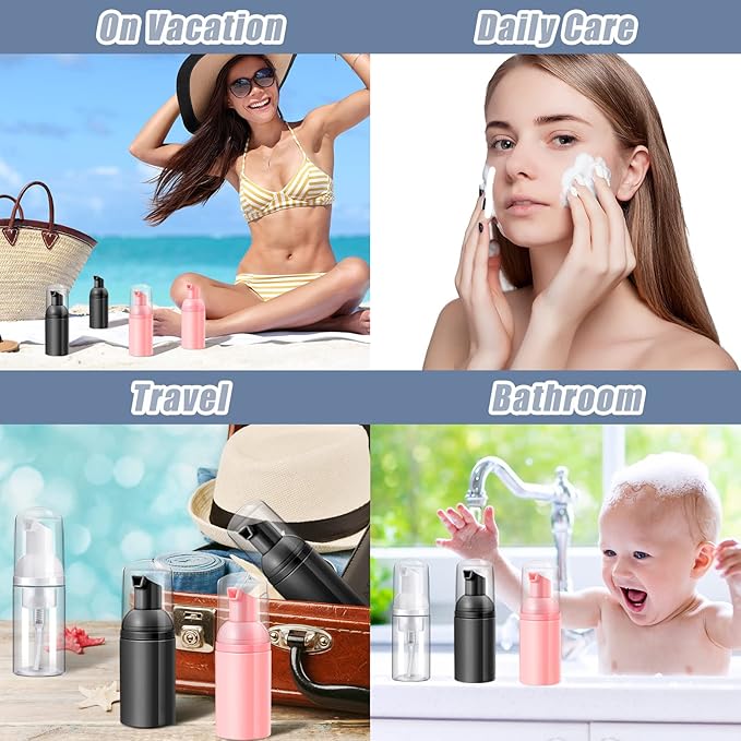24 Pcs Foam Pump Bottles 1 Oz/ 30 ml Plastic Mini Empty Dispenser Travel Soap Foaming Bottles for Refillable Hand Sanitizer Lash Shampoo(White, Pink, Black)