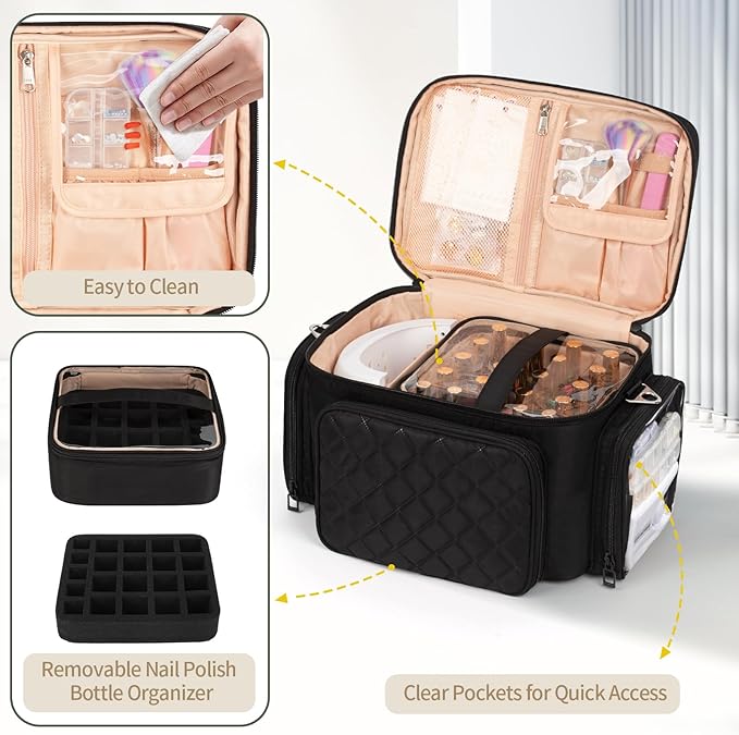 Bagmoly Nail Polish Organizer, Nail Polish Storage Holds 42+ Bottles & Nail Lamp, Portable Travel Nail Kit Storage Carrying Case Fits Nail Suppiles, Gift for Manicurist, Grils - Black