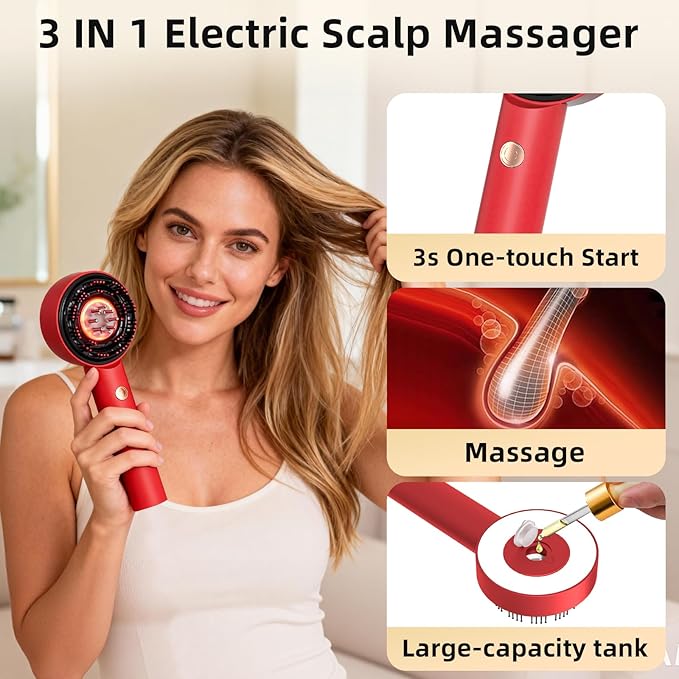 YOTONGONSI 3 in 1 Scalp Massager, Hair Oil Applicator, Electric Scalp Brush, IPX7 Waterproof Hair Comb, Cordless & Portable Scalp Massage Device for Hair Growth, Home & Travel, Red
