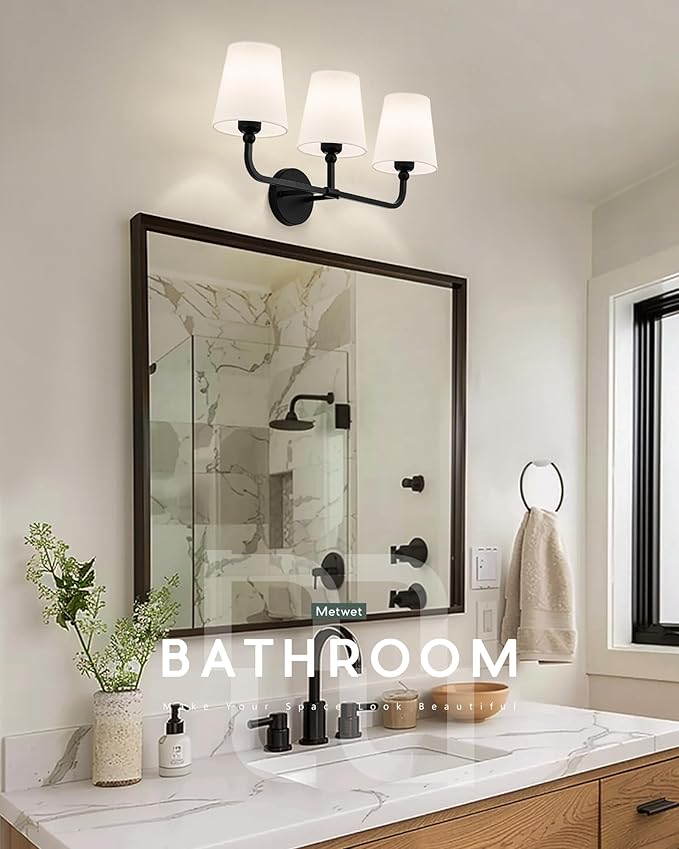 Bathroom Light Fixtures, Matte Black Vanity Lights with Flared White Fabric Shade, 3 Light Wall Sconce, Modern Sconces Wall Lighting for Hallway Bedroom, VL837-MB-3