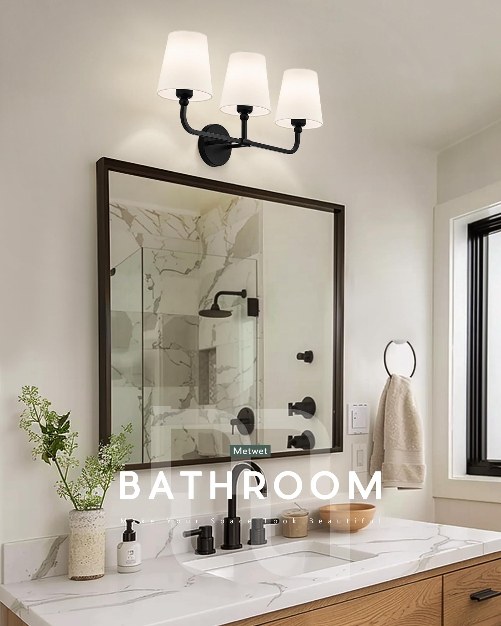 METWET Bathroom Light Fixtures, Matte Black Vanity Lights with Flared White Fabric Shade, 3 Light Wall Sconce, Modern Sconces Wall Lighting for Hallway Bedroom, VL837-MB-3