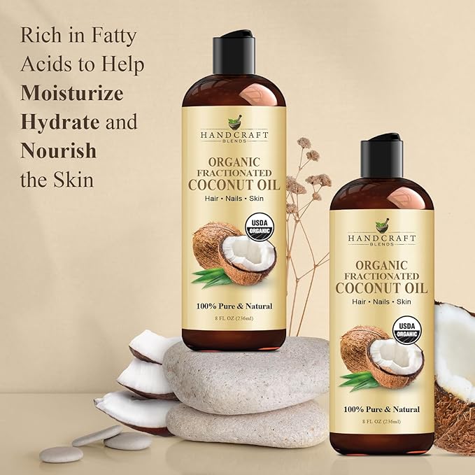 Handcraft Blends Organic Fractionated Coconut Oil | 100% Pure and Natural | Bath & Body Oil | Premium Grade Carrier Oil | Skin | Hair | Body | Massage | Hexane-Free | 8 Fl Oz