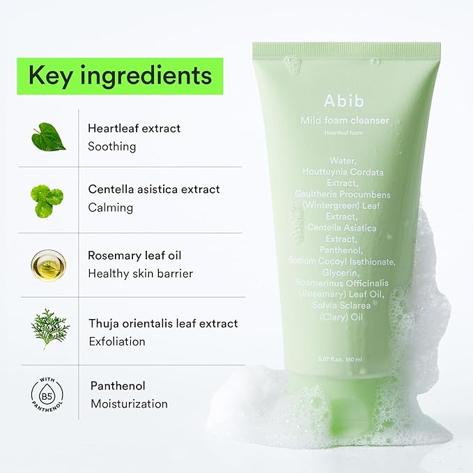 Abib Mild Foam Cleanser Heartleaf Foam 5.07 fl.oz, Low pH Koreran Face Wash for Sensitive Skin