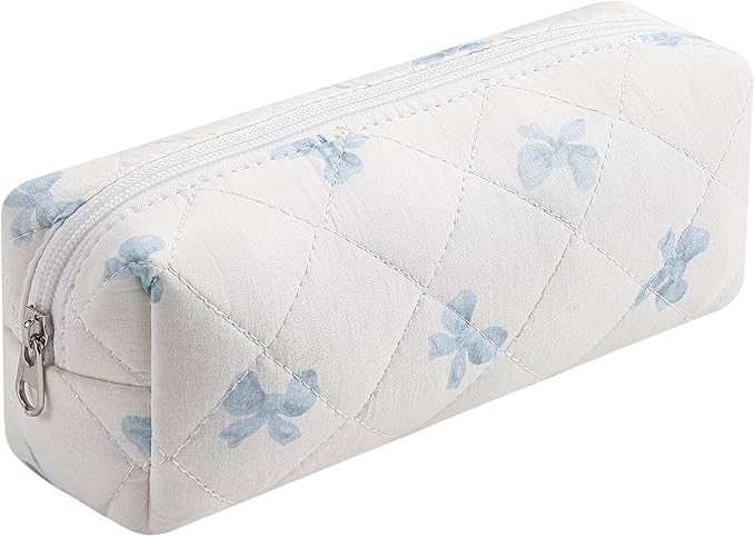 HHQQWZ Cute Floral Cotton Makeup Brush Cosmetic Bag for Women, Travel Quilted Zipper Make Up Bag, Flowers Toiletry Organizer Case Kawaii Makeup Cosmetic Travel Cloth Pouch (Blue Bow Tie)