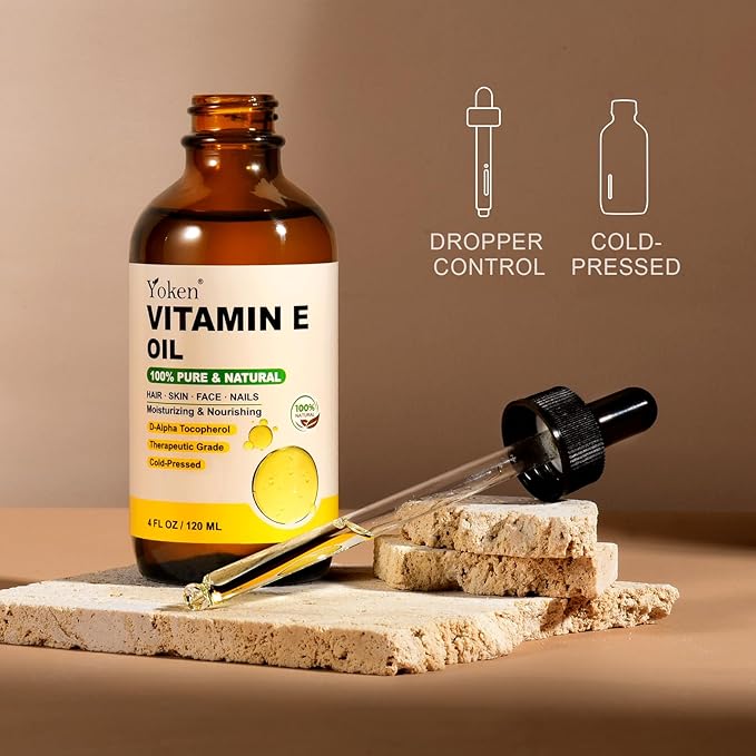 Yoken Vitamin E Oil for Skin 4 Oz Glass Bottle Vitamine Body oils for Face