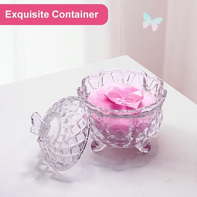 Qopoto 5 Pieces Large Body Powder Puff and Powder Container, Crystal Case for Dust Puff, Powder applicator with Box for Face and Body (Clear, Butterfly)
