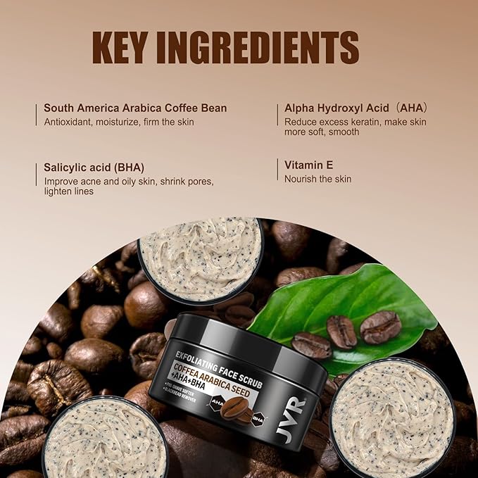 JVR Face Scrub for Men, Facial Scrub for Deep Exfoliating, Cleansing Blackheads, Ingrown Hair, Pre-shave Soften, Organic Formulated with Coffee Extract, AHA and BHA Face Exfoliator (4.23 oz)