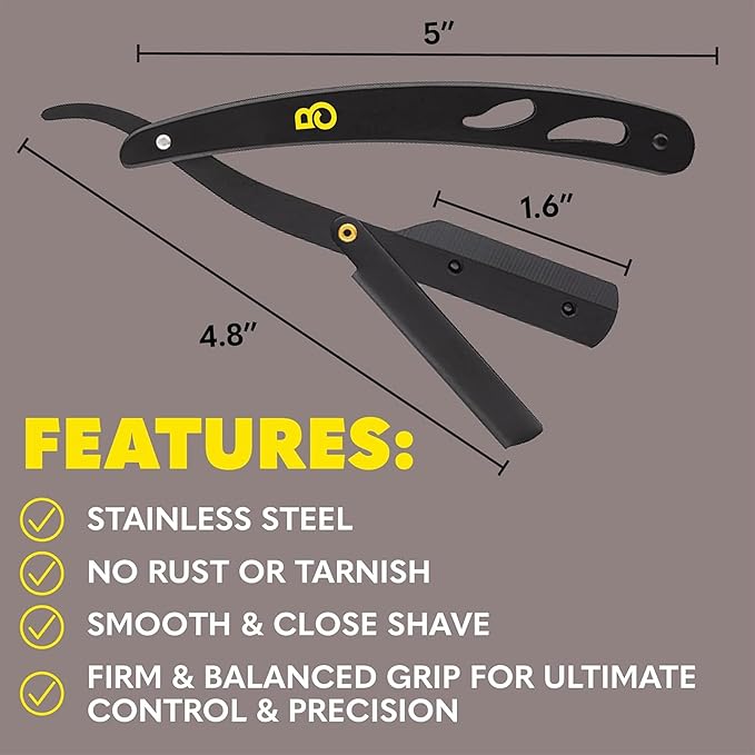 The Beard Club Straight Razor for Men - Navajas Para Barbero - Barber Straight Edge Razor Kit - Premium Single Derby Blade Cutthroat With 5 Replaceable Stainless Steel Blades & Leather Case
