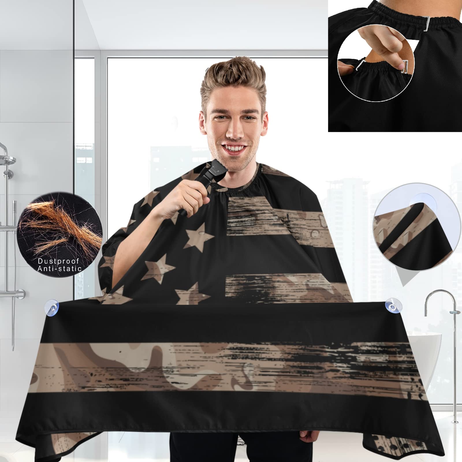 Visesunny Barber Cape with American Flag & Desert Camouflage - Polyester Hair Cutting Salon Apron, Anti-Static, Water-Resistant Shaving Cloth & Beard Shaving Bib