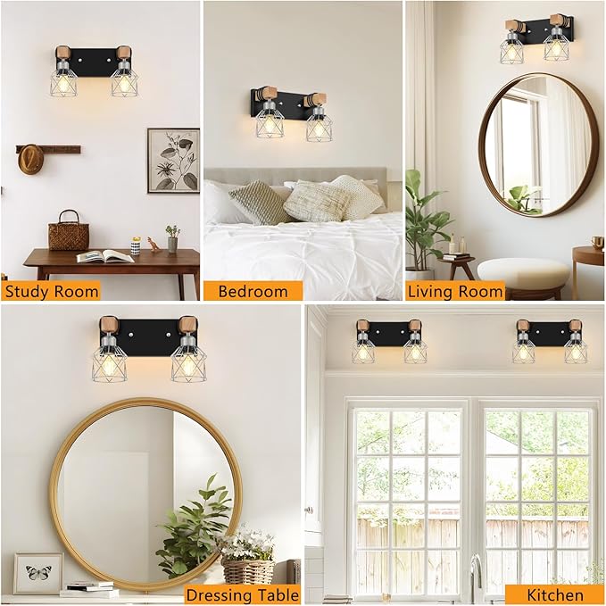 FadimiKoo Farmhouse Bathroom Light Fixtures, Rustic 2-Light Wood Vanity Lights for Bathroom, Industrial Black Silver Wall Lighting with Metal Shade for Bedroom, Living Room, Hallway