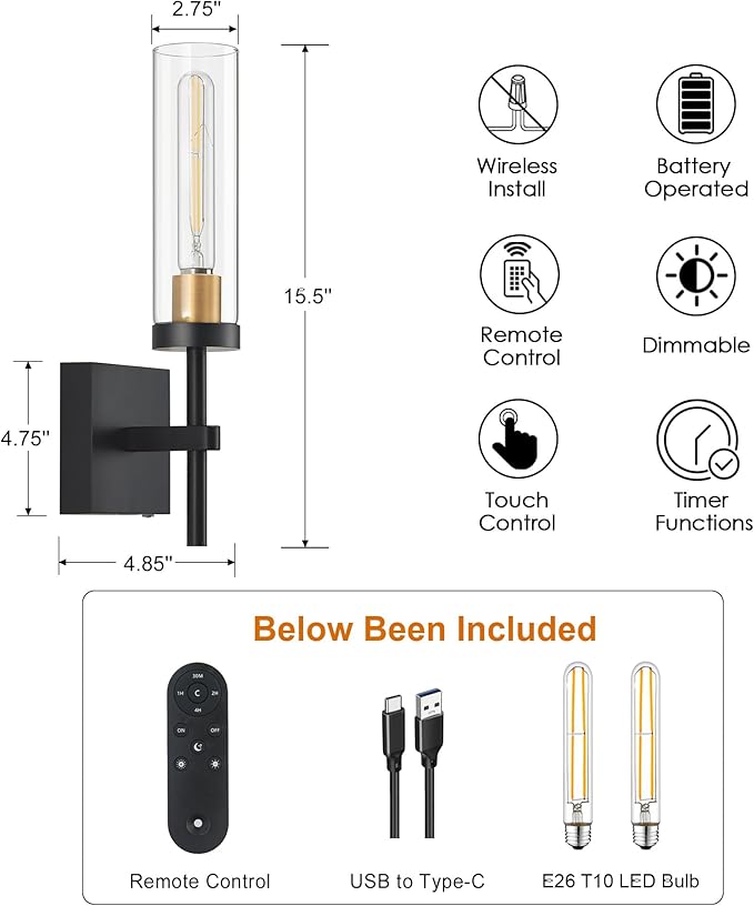 Wireless Wall Sconces with Remote Control, Battery Operated Wall Sconce Set of 2, Black & Gold Rechargeable Dimmable Wall Light for Bedroom Living room Bathroom Hallway Entryway Stairwell, 3000K