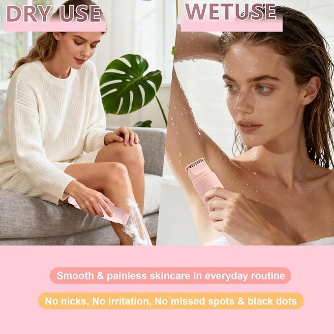 2 in 1 Bikini Trimmer for Women, Painless Waterproof Electric Razors for Women, Dual Head Travel Electric Shaver for Facial Legs Armpits Body Hair Remover, Rechargeable Pubic Hair Trimmer, Pink