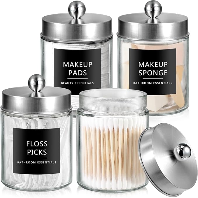 SheeChung 4-Pack Glass Qtip Holder Dispenser - Rust-Proof Stainless Steel Apothecary Jars with Labels -Bathroom Organizer for Cotton Swabs, Balls, Pads-Sleek Countertop Canister (Brushed Nickel)