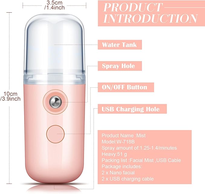 Honoson 2 Pack Nano Facial Mister Spray Bottle Handheld Humidifier Portable Face Mister for Eyelash Extensions USB Rechargeable 1 oz Mini Skin Care Machine for Daily Makeup(Light Pink and Blue)