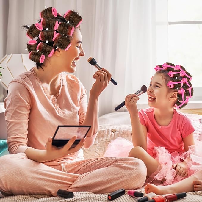 141 Pieces Hair Rollers Set Include 60 Plastic Hair Rollers (Pink,6 Size)