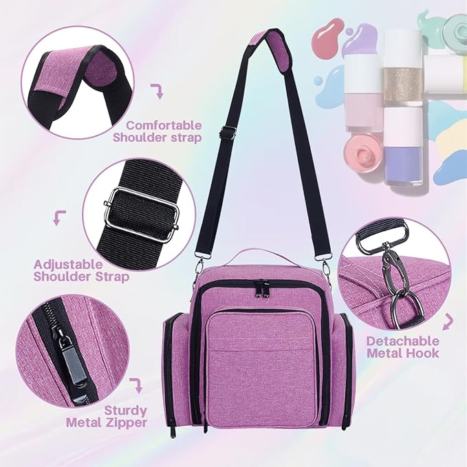 YAHOURWAT Nail Polish Organizer Holds 60 Bottles and a Nail Lamp,Portable Travel Case with 2 Removable Bags and Tools Storage Pockets Purple