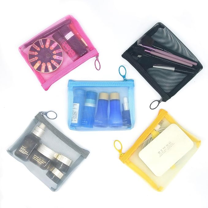 patu Widened Mini Zipper Mesh Bags, Size S, 5" x 4" x 2", 5 Pieces, Beauty Makeup Lipstick Cosmetic Accessories Organizer Case, Small Travel Kit Storage Pouch, Assorted Colors