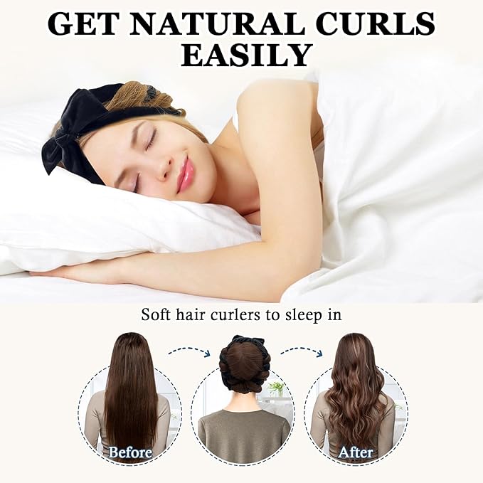 Gwabee No Heat Curling Headband, 70" Soft Hair Curlers to Sleep In Overnight Curls Headband, No Heat Hair Curler Ribbon Curl Wrap for Long Hair Rollers, 9 PCS Curling Rods Set with Yoga Strap -Black