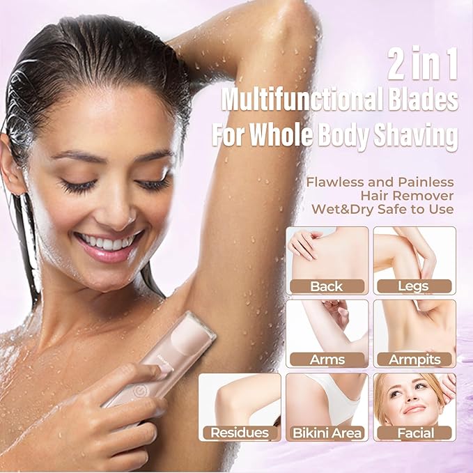 Bikini Trimmer for Women - 2 in 1 Electric Razors for Women - Dual Head Electric Shaver - IPX7 Waterproof Wet & Dry Use Body Hair Trimmer and Facial Hair Remover for Bikini Underarm Leg Arm